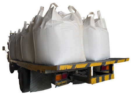 Chemical fertilizer The product stock is packed in sacks, stacked in the warehouse, waiting for...