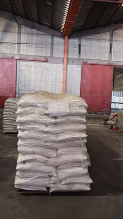 Chemical fertilizer The product stock is packed in sacks, stacked in the warehouse, waiting for...