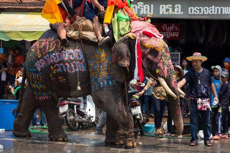 SUKHOTHAI - APRIL 7 : Songkran Festival and Hadxiao Elephant Ordains at Si Satchanalai from April 7 to 8, Riding on elephant and Thai Puan elephant ordination on April 7, 2014 in Sukhothai.のeditorial素材