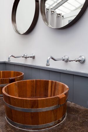 wood bowl hand wash basinの写真素材