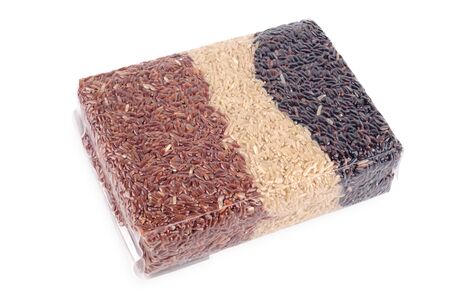 Jasmine rice, Brown rice, Mixed rice and Riceberry in vacuum bag.の写真素材