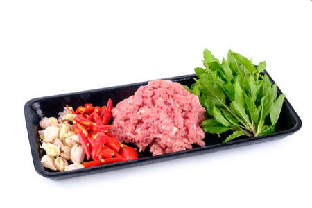 Raw material pork fried basil spicy menu of Thai food. Minced beef meat/Chilli/Basil/garlic.の写真素材