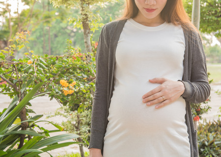 Pregnant women Walks to health In the park, light sunshine in the evening.の写真素材