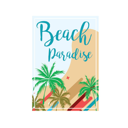 Beach Paradise Palm tree background summer banner greeting card sticker t shirt print vector designのイラスト素材
