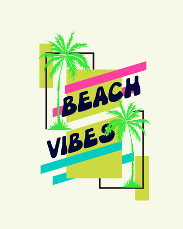 Beach vibes poster with palm trees and lettering. Vector illustrationのイラスト素材