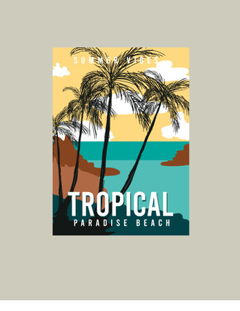 Tropical paradise poster. Palm trees on the beach. Vector illustrationのイラスト素材