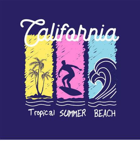 California surfing banner with surfer and palm trees. Vector illustration.のイラスト素材