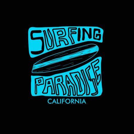 Surfing Paradise California beach ocean surfboard t shirt designのイラスト素材