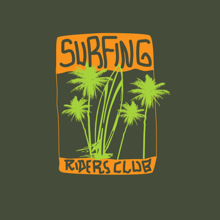 Surfing Riders club summer beach surfboard palm tree  designのイラスト素材