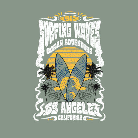 Surfing Waves Los Angeles California typography  summer beach retro poster graphic designのイラスト素材