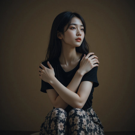 Portrait of a beautiful young asian woman sitting on the floorの素材