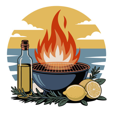 Barbecue grill with lemon and olive oil over sea vector illustration graphic designのイラスト素材