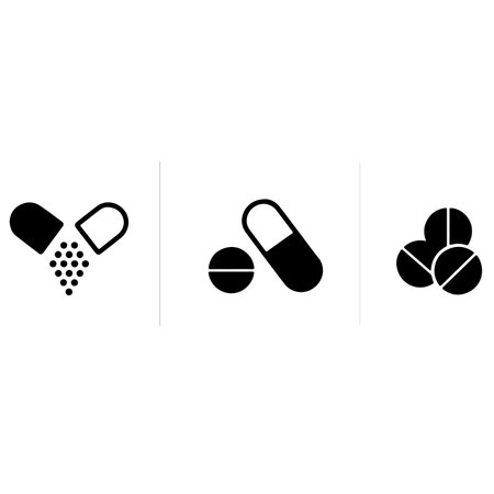 Pills Icon Set. Flat style black on white. Vector illustration.のイラスト素材