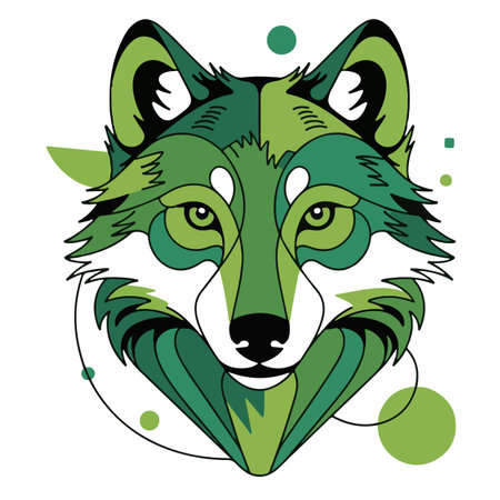 Vector illustration of a wolf head with green eyes. Isolated on white background.