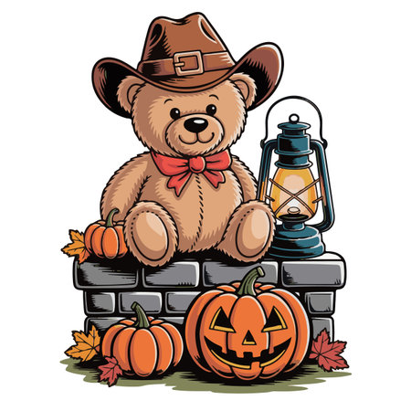 Cute bear in cowboy hat sitting on a brick wall with pumpkins and lanternのイラスト素材