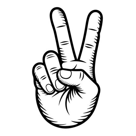 Victory hand sign. Vector illustration in black and white colors.のイラスト素材