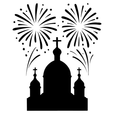 Black silhouette of Orthodox church with fireworks on white background. Vector illustration.のイラスト素材