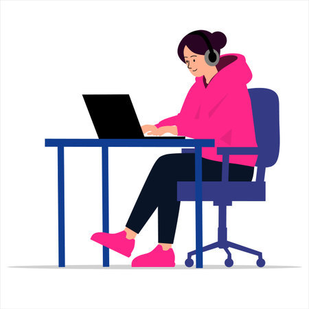 Freelance woman sitting at the desk and working on laptop. Flat vector illustration.のイラスト素材