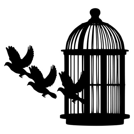 Silhouette of birds in a cage on a white background.のイラスト素材