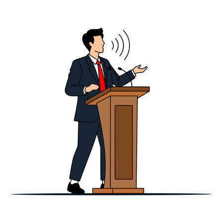 Businessman speaking from tribune. Vector illustration in flat style.のイラスト素材