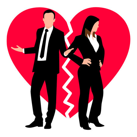 Businessman and businesswoman standing in front of a broken heart.のイラスト素材