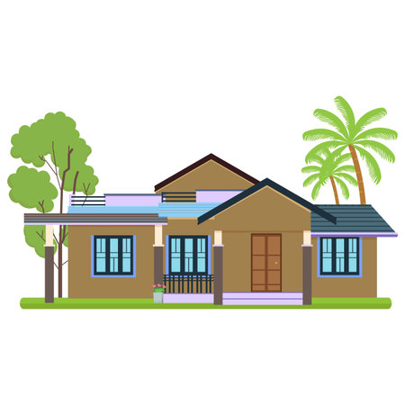 Vector illustration of a house with trees and palms on a white backgroundのイラスト素材