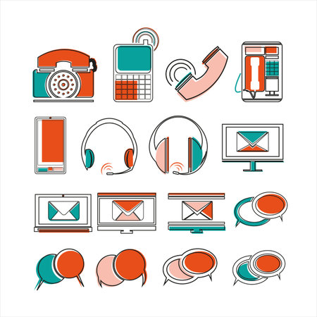 Communication icons set. Phone, tablet, laptop, mobile phone, headphones, speech bubbles. Vector illustrationのイラスト素材