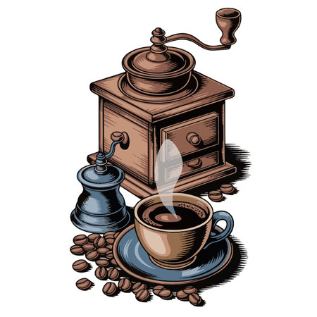 Coffee grinder and cup of coffee. Vector illustration.のイラスト素材