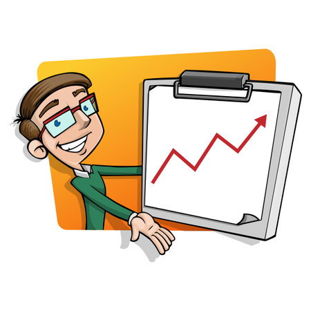 Businessman pointing to a graph on a clipboard. Vector illustration.のイラスト素材