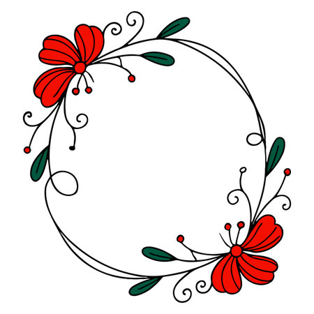 Round frame with red flowers and green leaves. Vector clip art.のイラスト素材
