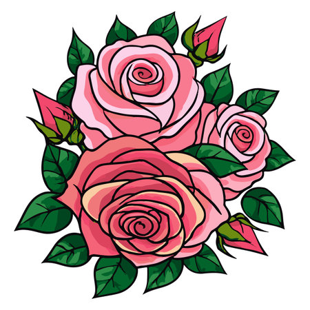 Pink roses and green leaves on a white background. Vector illustration.のイラスト素材