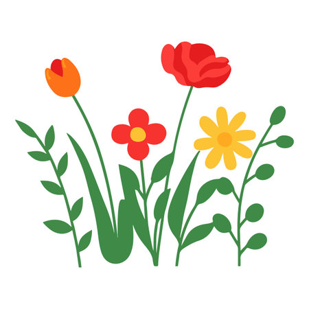 Vector illustration of red and yellow flowers with green leaves isolated on white backgroundのイラスト素材