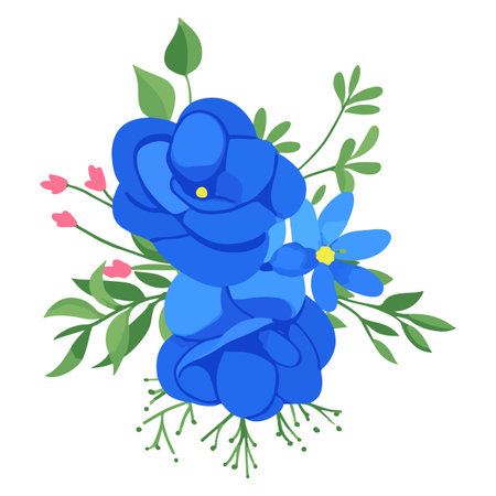 Beautiful blue flowers with green leaves on a white background. Vector illustration.のイラスト素材