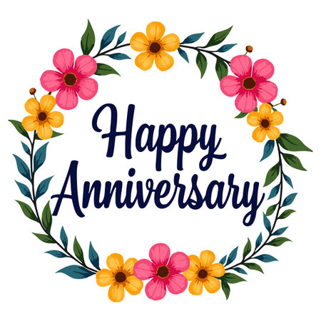 Happy Anniversary lettering with floral wreath frame vector illustration graphic designのイラスト素材