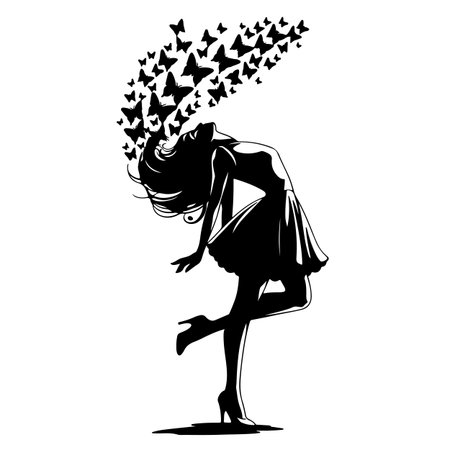 Silhouette of a girl in a dress with stars in her hairのイラスト素材