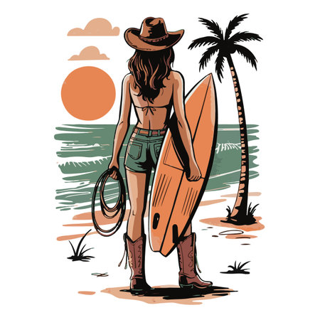 Vector illustration of a girl with a surfboard on the beach.のイラスト素材