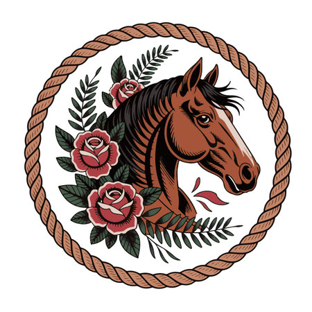Horse head in round frame with roses and rope. Vector illustration.のイラスト素材