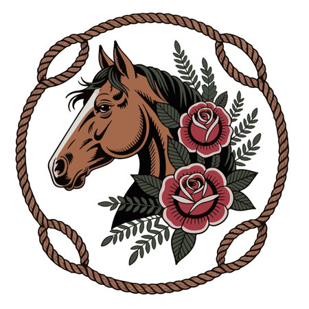 Horse head in round frame with roses and rope. Vector illustration.のイラスト素材