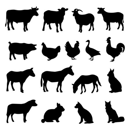 Farm animals silhouettes. Isolated on white background. Vector illustration.のイラスト素材