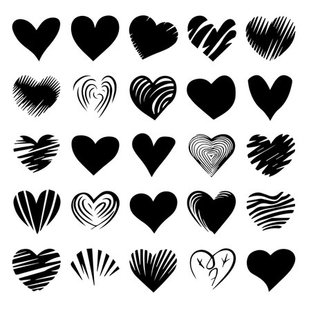Set of hand drawn hearts. Black and white vector illustration isolated on white background.のイラスト素材