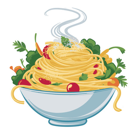 Spaghetti with tomato and parsley in a bowl. Vector illustration.のイラスト素材