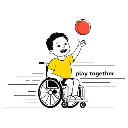 Disabled boy in a wheelchair playing with a ball. Vector illustration.のイラスト素材