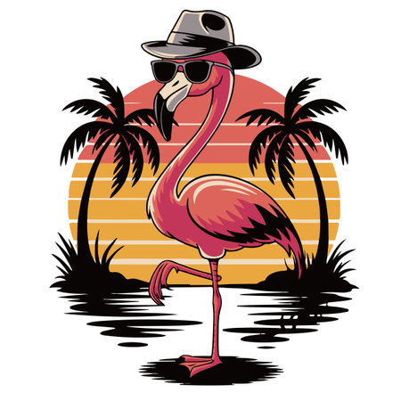 Flamingo in hat and sunglasses on a background of palm treesのイラスト素材
