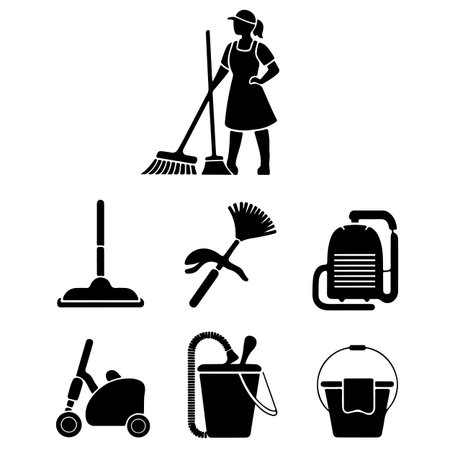 cleaning service black icons set on white background, vector illustration.のイラスト素材