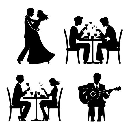Couple in love sitting at the table. Silhouette vector illustration.のイラスト素材