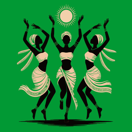 Silhouette of dancing girls. Vector illustration on green background.のイラスト素材