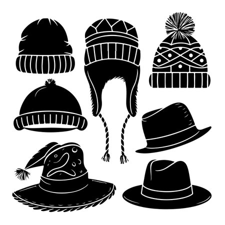 Set of winter hats. Vector illustration in black and white colors.のイラスト素材