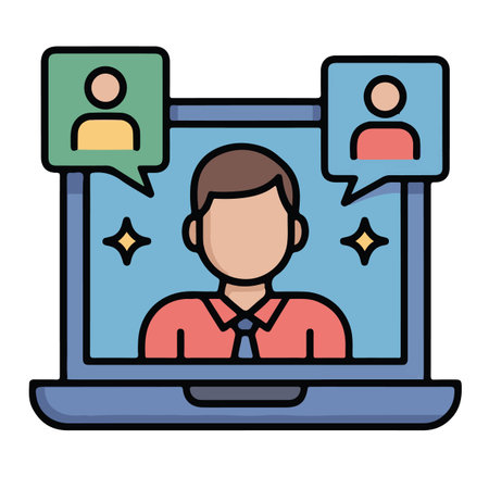 laptop computer with businessman and speech bubbles vector illustration designicon imageのイラスト素材