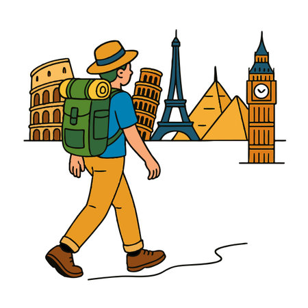 Tourist with a backpack on the background of the famous landmarks of the world.のイラスト素材