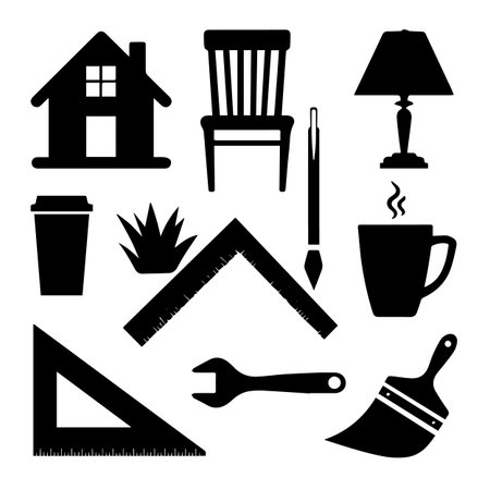 Home and office icons set. Black and white illustration of home and office icons for web designのイラスト素材
